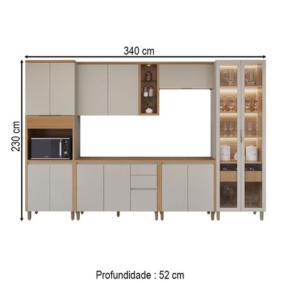 Cozinha Completa Allure 14 Portas 4 Gavetas 100% Mdf com Vidro Jequitibá/Gris - Linea Brasil