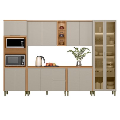 Cozinha Completa Allure 15 Portas 4 Gavetas 100% Mdf com Vidro Jequitibá/Gris - Linea Brasil