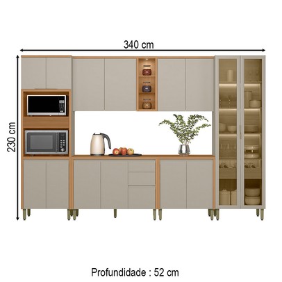Cozinha Completa Allure 15 Portas 4 Gavetas 100% Mdf com Vidro Jequitibá/Gris - Linea Brasil