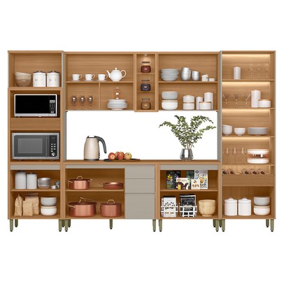 Cozinha Completa Allure 15 Portas 4 Gavetas 100% Mdf com Vidro Jequitibá/Gris - Linea Brasil