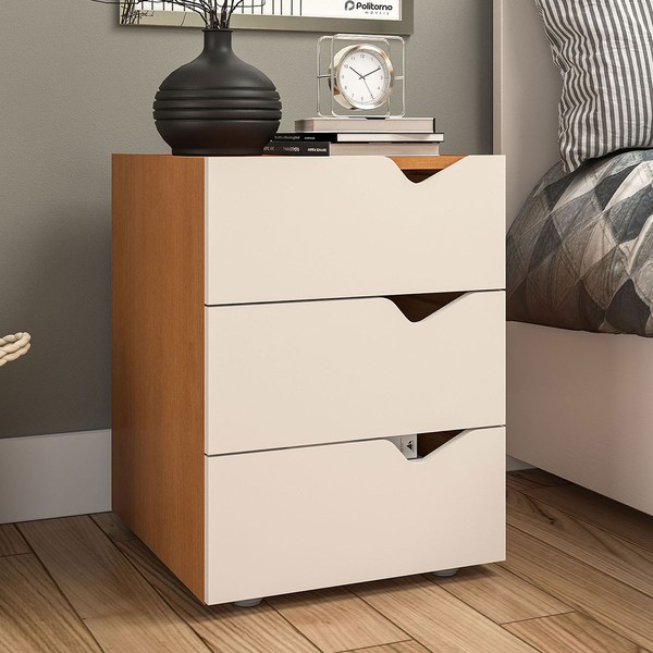 Mesa de Cabeceira Porto 3 Gavetas Creme/Freijó - Politorno