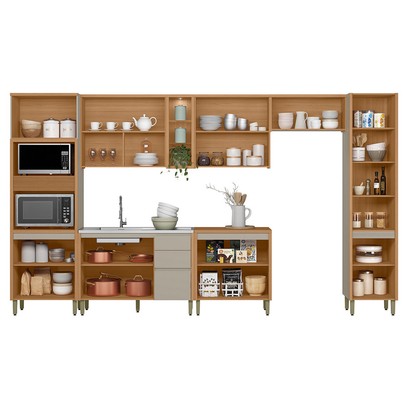 Cozinha Completa Allure 16 Portas 3 Gavetas 100% Mdf Jequitibá/Gris - Linea Brasil