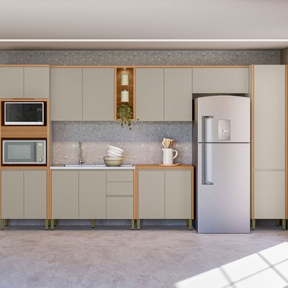 Cozinha Completa Allure 16 Portas 3 Gavetas 100% Mdf Jequitibá/Gris - Linea Brasil