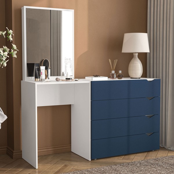 Cômoda Porto 4 Gavetas com Espelho Azul/Branco - Politorno
