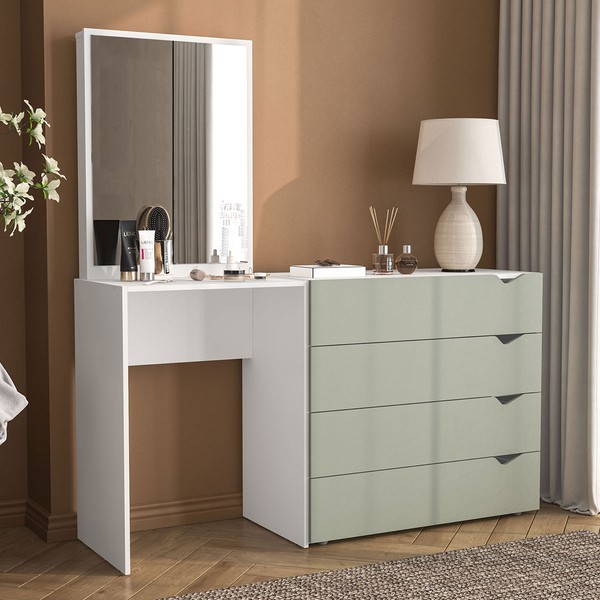 Cômoda Porto 4 Gavetas com Espelho Verde/Branco - Politorno
