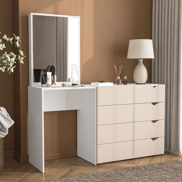 Cômoda Porto 4 Gavetas com Espelho Creme/Branco - Politorno