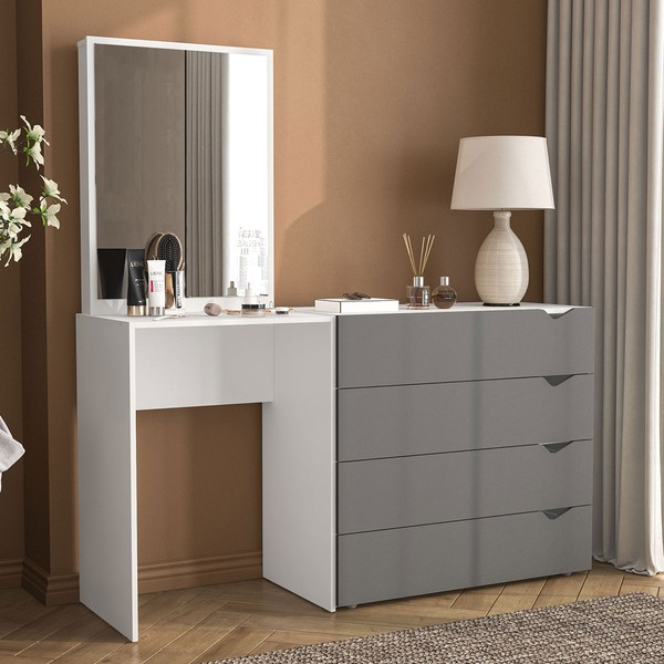 Cômoda Porto 4 Gavetas com Espelho Cinza/Branco - Politorno