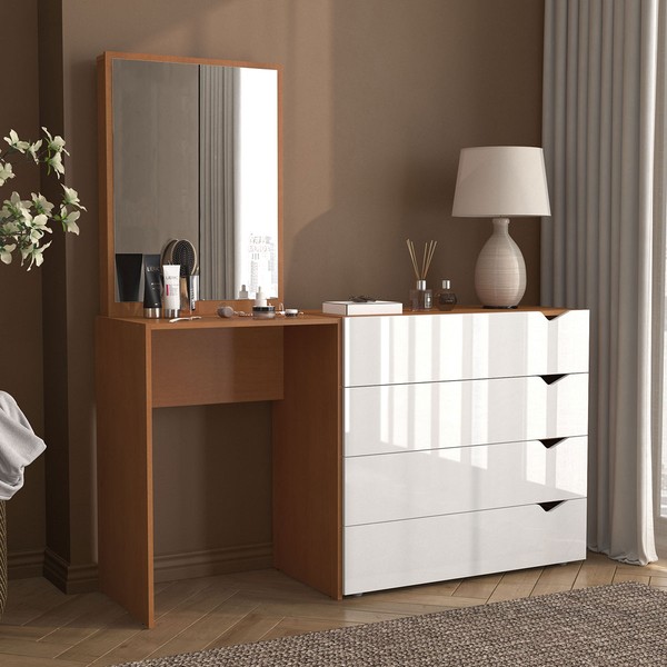 Cômoda Porto 4 Gavetas com Espelho Branco/Freijó - Politorno