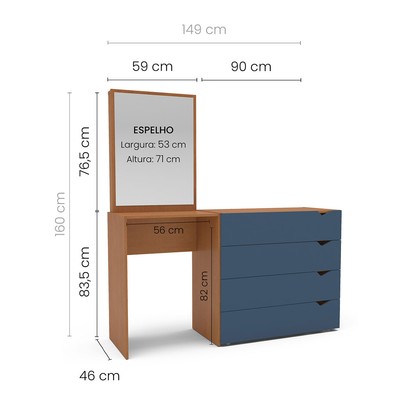 Cômoda Porto 4 Gavetas com Espelho Azul/Freijó - Politorno