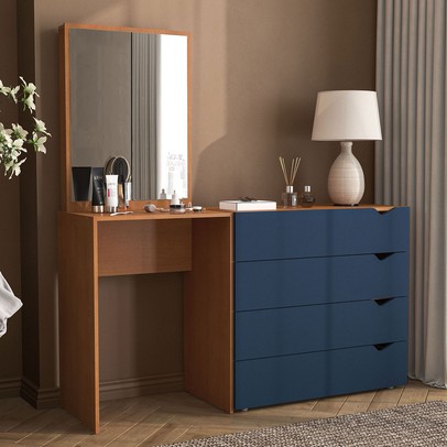 Cômoda Porto 4 Gavetas com Espelho Azul/Freijó - Politorno