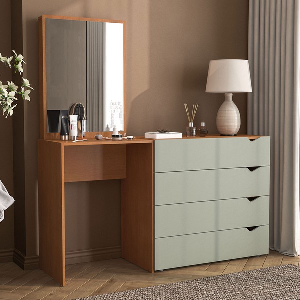 Cômoda Porto 4 Gavetas com Espelho Verde/Freijó - Politorno