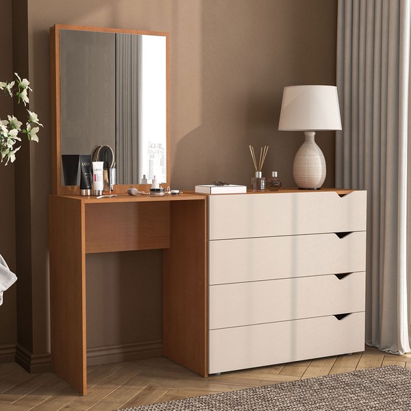 Cômoda Porto 4 Gavetas com Espelho Creme/Freijó - Politorno