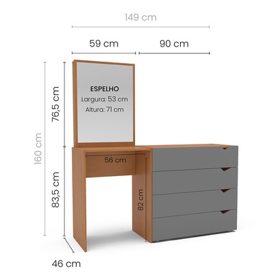Cômoda Porto 4 Gavetas com Espelho Cinza/Freijó - Politorno