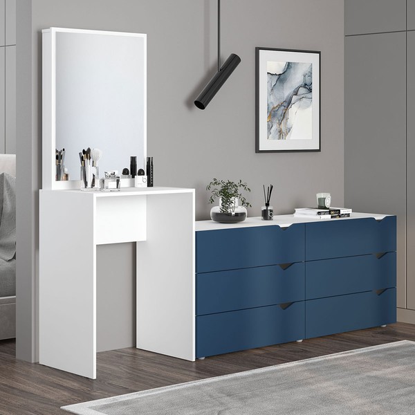 Cômoda Porto 6 Gavetas com Espelho Azul/Branco - Politorno
