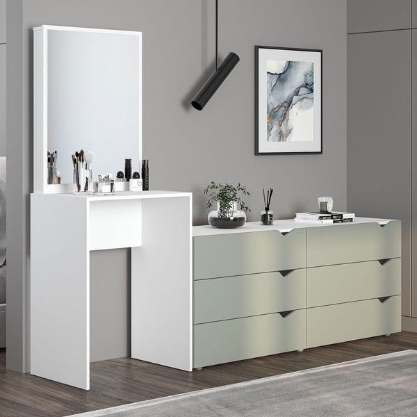 Cômoda Porto 6 Gavetas com Espelho Verde/Branco - Politorno