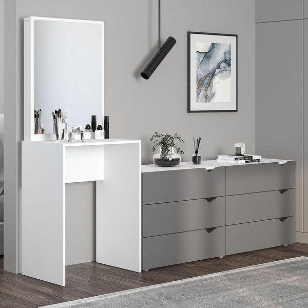 Cômoda Porto 6 Gavetas com Espelho Cinza/Branco - Politorno