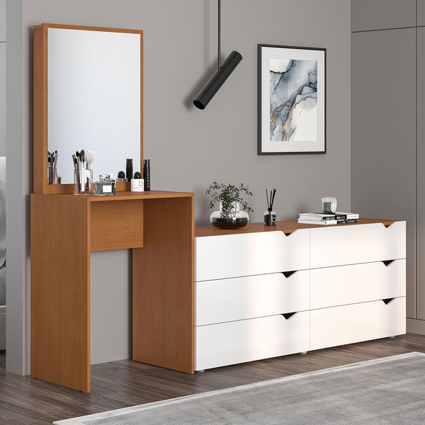 Cômoda Porto 6 Gavetas com Espelho Branco/Freijó - Politorno