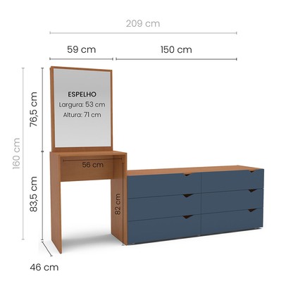 Cômoda Porto 6 Gavetas com Espelho Azul/Freijó - Politorno