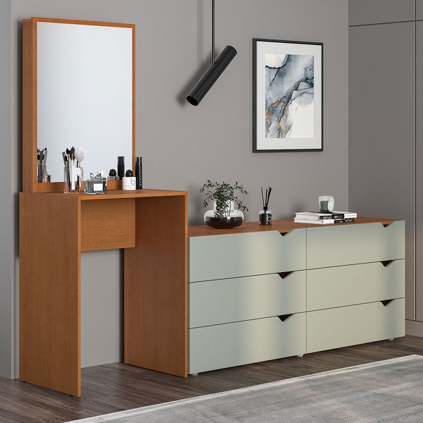 Cômoda Porto 6 Gavetas com Espelho Verde/Freijó - Politorno