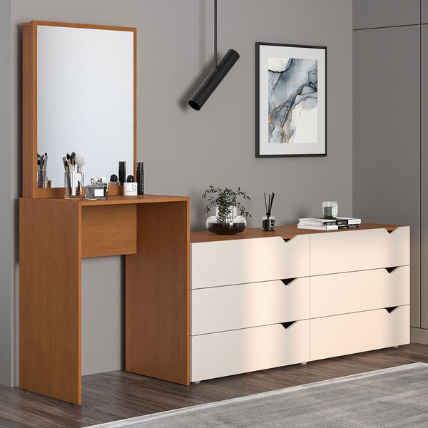 Cômoda Porto 6 Gavetas com Espelho Creme/Freijó - Politorno