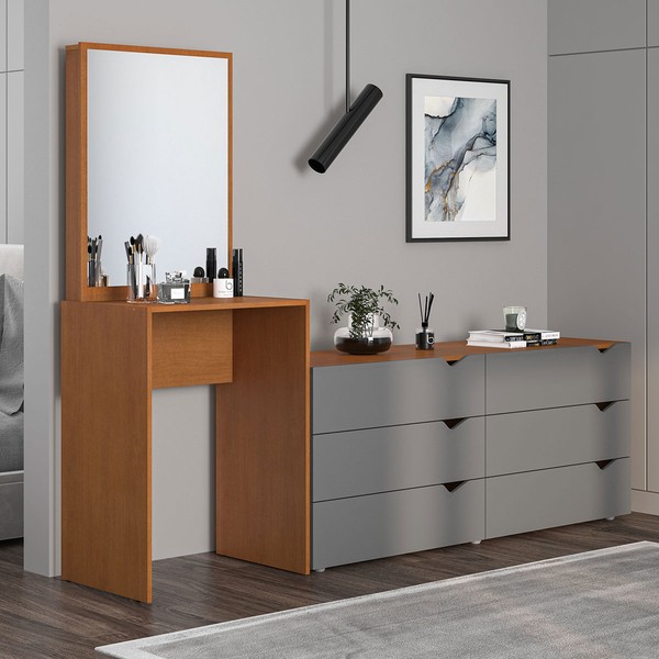 Cômoda Porto 6 Gavetas com Espelho Cinza/Freijó - Politorno
