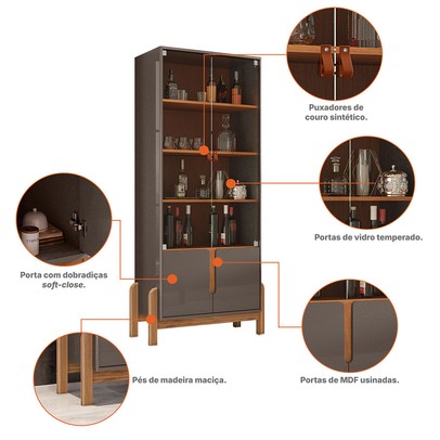 Cristaleira Manchester 2 Portas 3 Prateleiras Perola/Cedro - Pnr Móveis