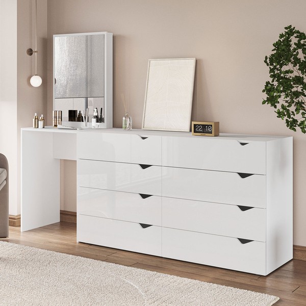 Cômoda Porto 8 Gavetas com Espelho Branco - Politorno