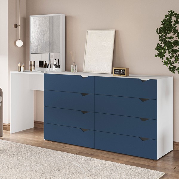Cômoda Porto 8 Gavetas com Espelho Azul/Branco - Politorno