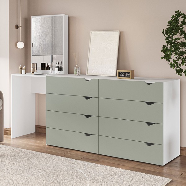 Cômoda Porto 8 Gavetas com Espelho Verde/Branco - Politorno