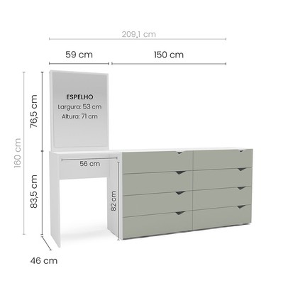 Cômoda Porto 8 Gavetas com Espelho Verde/Branco - Politorno