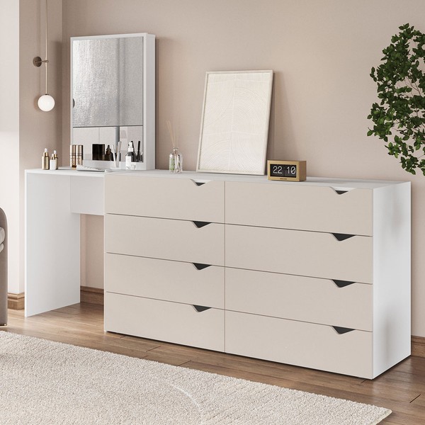Cômoda Porto 8 Gavetas com Espelho Creme/Branco - Politorno