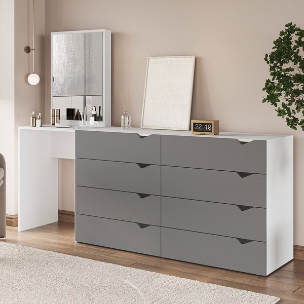 Cômoda Porto 8 Gavetas com Espelho Cinza/Branco - Politorno