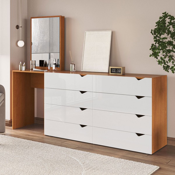 Cômoda Porto 8 Gavetas com Espelho Branco/Freijó - Politorno
