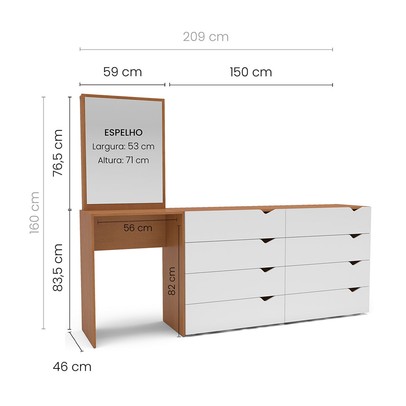 Cômoda Porto 8 Gavetas com Espelho Branco/Freijó - Politorno