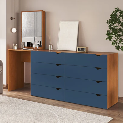 Cômoda Porto 8 Gavetas com Espelho Azul/Freijó - Politorno