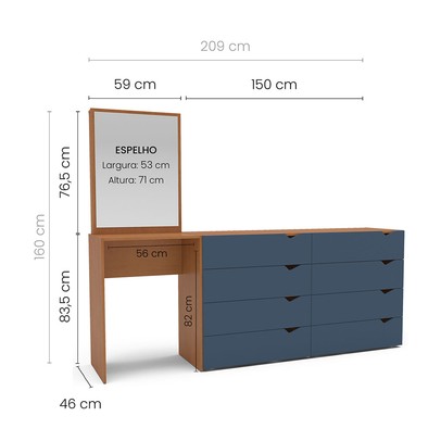 Cômoda Porto 8 Gavetas com Espelho Azul/Freijó - Politorno