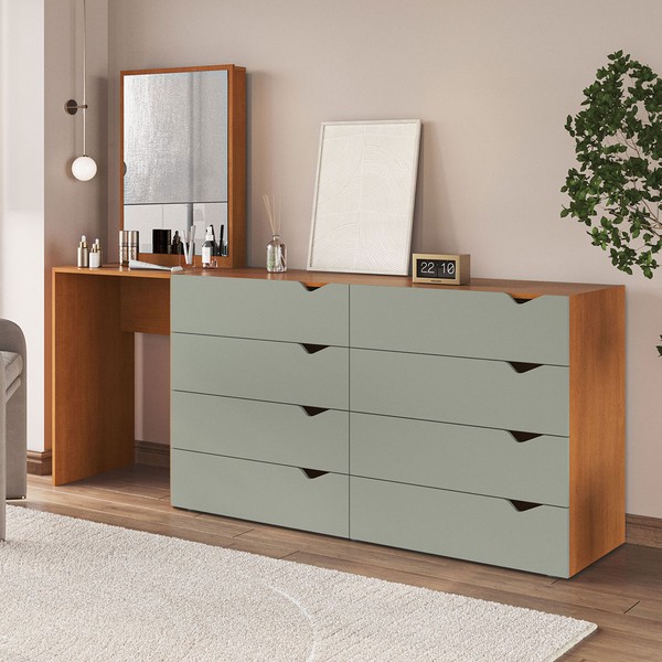 Cômoda Porto 8 Gavetas com Espelho Verde/Freijó - Politorno