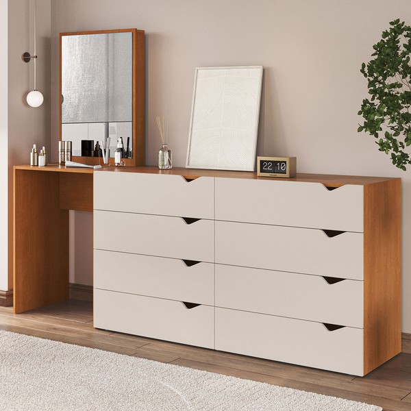 Cômoda Porto 8 Gavetas com Espelho Creme/Freijó - Politorno