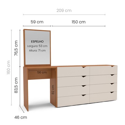 Cômoda Porto 8 Gavetas com Espelho Creme/Freijó - Politorno
