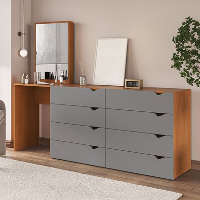Cômoda Porto 8 Gavetas com Espelho Cinza/Freijó - Politorno