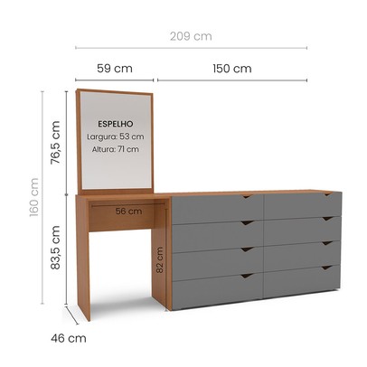Cômoda Porto 8 Gavetas com Espelho Cinza/Freijó - Politorno