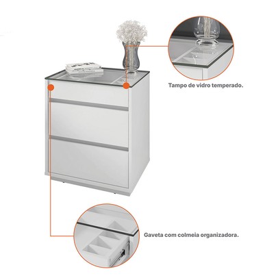 Mesa de Cabeceira Anchieta 3 Gavetas Branco - Pnr Móveis