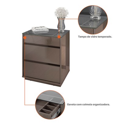 Mesa de Cabeceira Anchieta 3 Gavetas Cinza Perola - Pnr Móveis