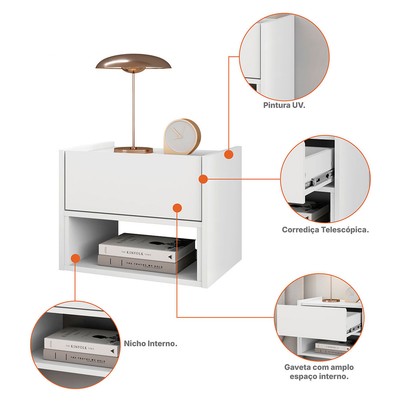 Mesa de Cabeceira Pierre 1 Gaveta Branco - Pnr Móveis
