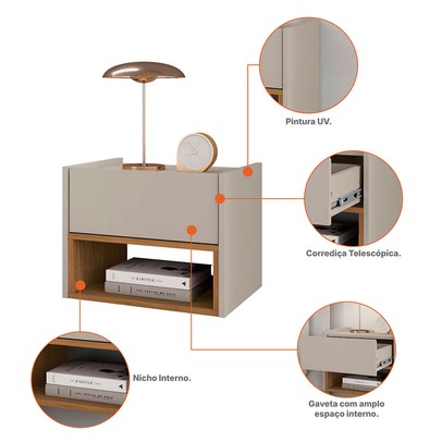 Mesa de Cabeceira Pierre 1 Gaveta Off White/Cedro - Pnr Móveis