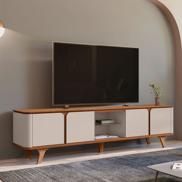 Rack para TV Até 60 Polegadas Freiburgo 4 Portas 1 Prateleira com Vidro Cedro/Off White - Pnr Móveis