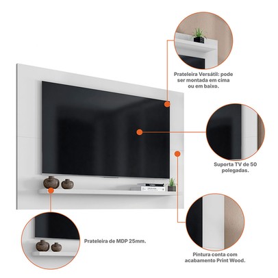 Painel para TV Até 60 Polegadas Mafra 1 Prateleira Branco - Pnr Móveis