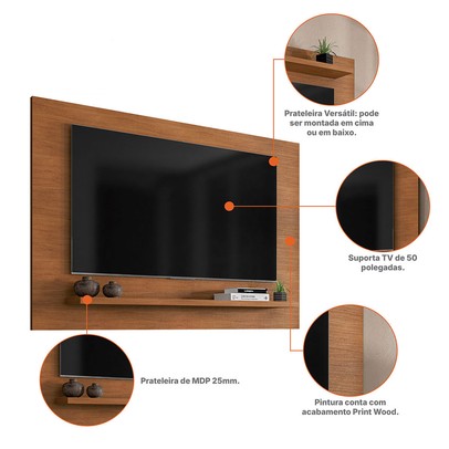 Painel para TV Até 60 Polegadas Mafra 1 Prateleira Cedro - Pnr Móveis