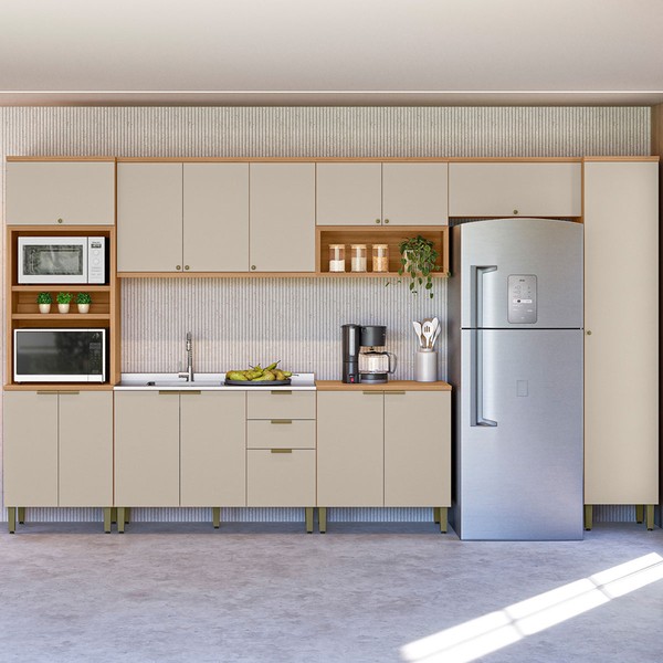 Cozinha Completa Selene 15 Portas 2 Gavetas 100% Mdf Jequitibá/Off White Fosco - Linea Brasil