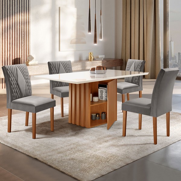 Mesa de Jantar 4 Lugares Signature com Vidro Cinamomo/Off White/Suede Cinza - Pnr Móveis